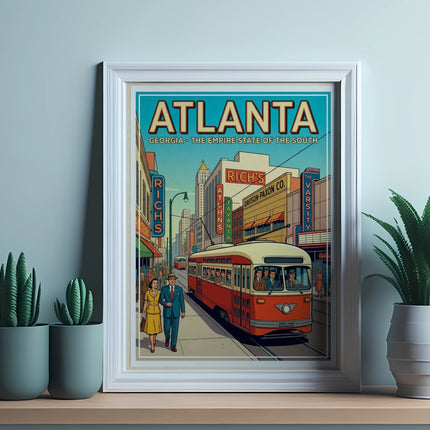 Framed print of Atlanta streetcar scene with "ATLANTA" and "GEORGIA" text.