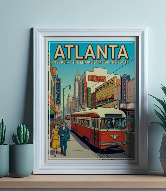 Framed print of Atlanta streetcar scene with "ATLANTA" and "GEORGIA" text.