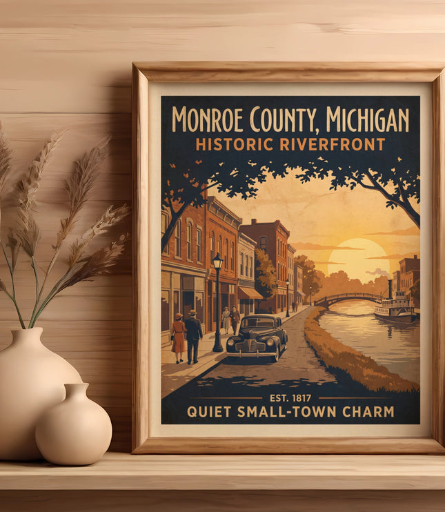 Monroe County, Michigan Historic Riverfront vintage travel poster.
