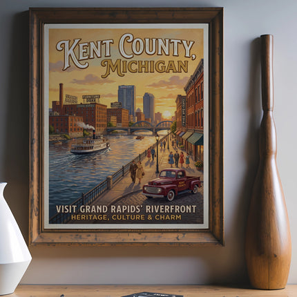 Vintage travel poster showcasing Grand Rapids, Michigan riverfront with boats, buildings, and people.