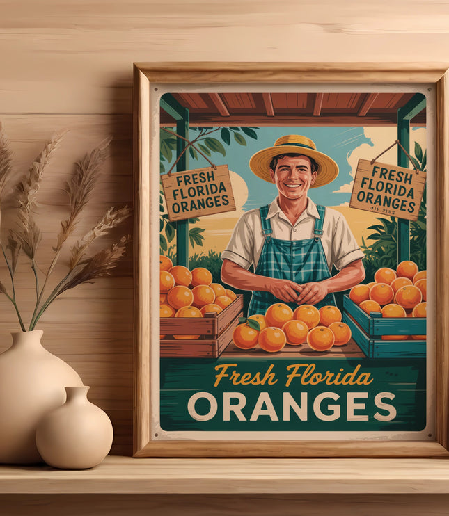 Retro poster of a smiling man selling fresh Florida oranges with crates of oranges.