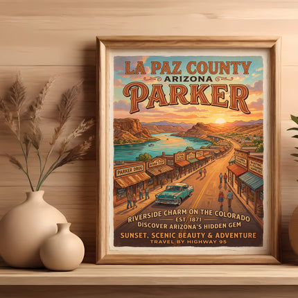 Parker, Arizona vintage travel poster depicting a scenic river town at sunset.