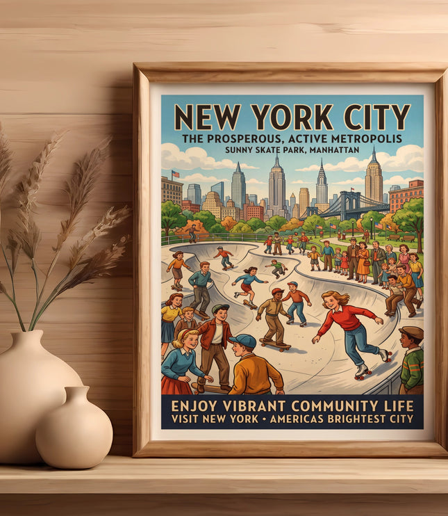 New York City skate park poster with cityscape and text.