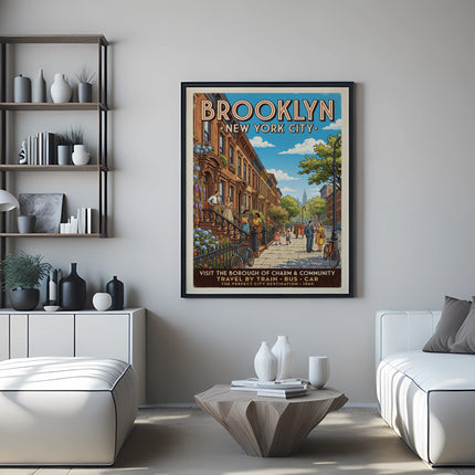 Brooklyn New York City travel poster with vintage illustration of people and buildings.