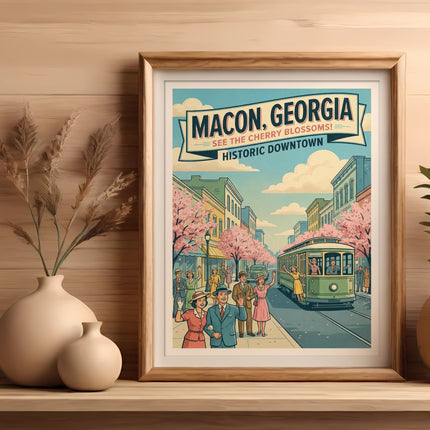 Macon, Georgia poster with vintage trolley and cherry blossoms.