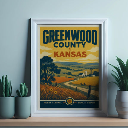 Greenwood County Kansas vintage travel poster with rolling hills and sunflowers.