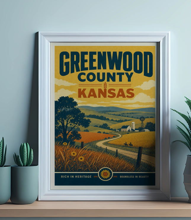 Greenwood County Kansas vintage travel poster with rolling hills and sunflowers.