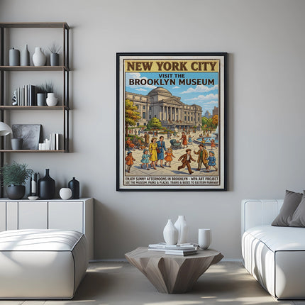 Vintage New York City Brooklyn Museum WPA poster with people and buildings.