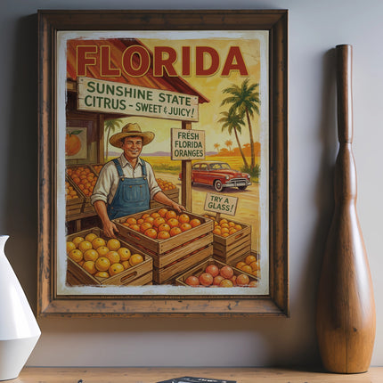 Vintage Florida oranges poster with a farmer, fruit crates, and classic car.