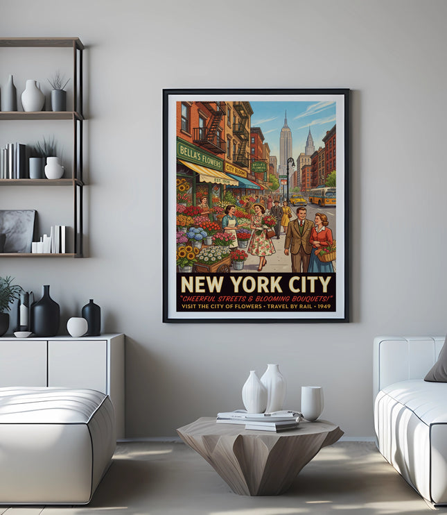 Retro "New York City" poster showcasing a bustling street scene with "Bella's Flowers" and "City Blooms" storefronts.