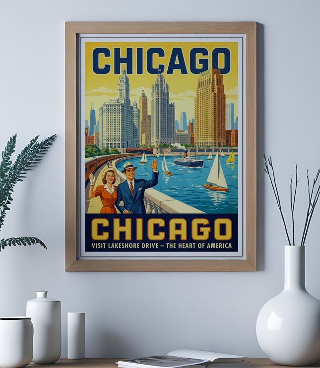 Vintage travel poster of Chicago skyline with couple waving.