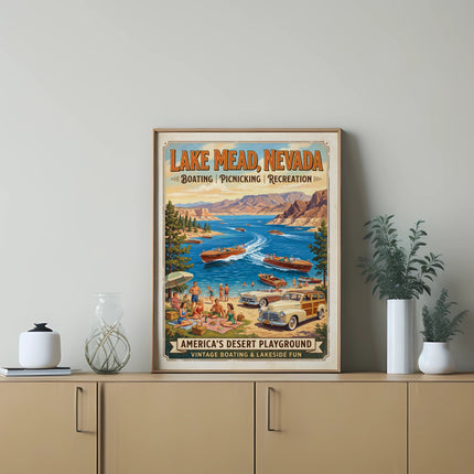 Lake Mead, Nevada vintage poster with boats, people, and mountains.