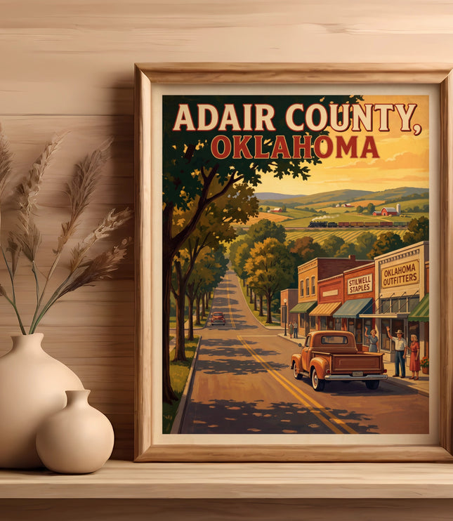 Vintage Adair County, Oklahoma poster with train, farms, and town street scene.