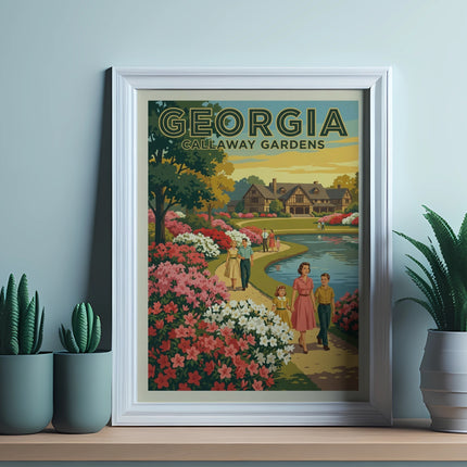 Framed print of Callaway Gardens with family walking by a pond.