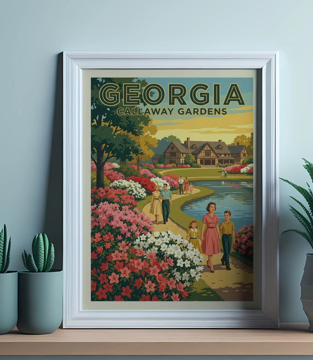 Framed print of Callaway Gardens with family walking by a pond.