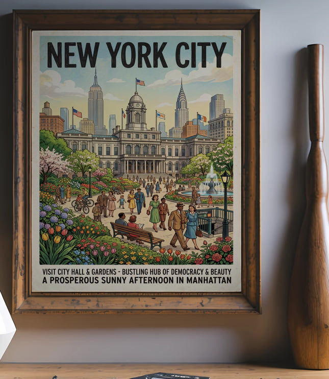 New York City poster with City Hall, gardens, people, and skyscrapers.