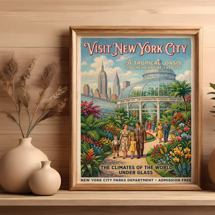 Vintage poster of Conservatory Gardens, Bronx Park, New York City, with people.