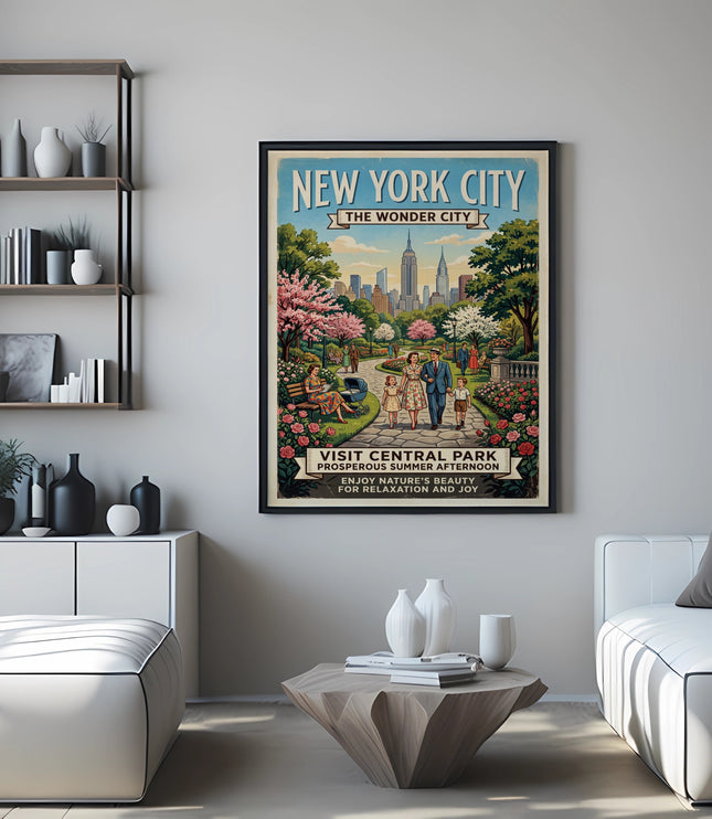 Vintage New York City poster depicting Central Park on a summer afternoon.