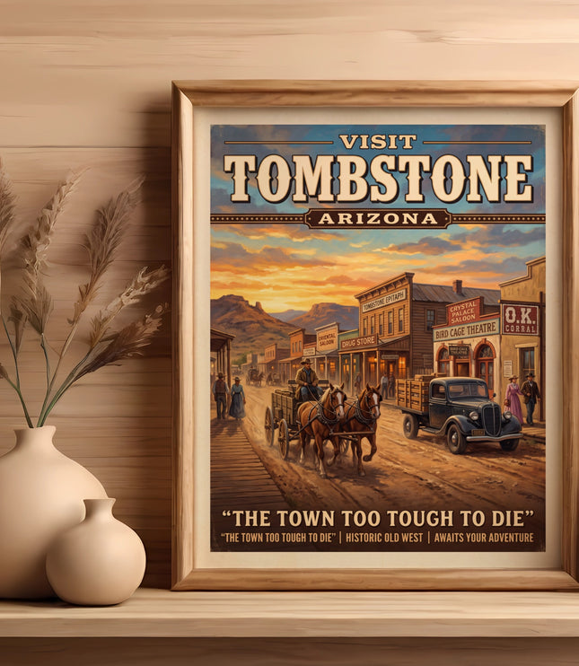 Vintage "Visit Tombstone, Arizona" poster with western town scene and quote.