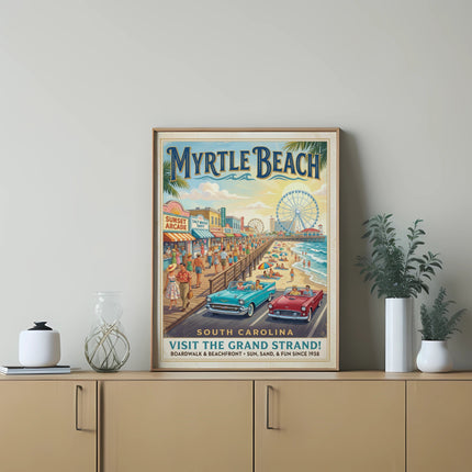 Myrtle Beach South Carolina vintage travel poster with Ferris wheel and beach scene.