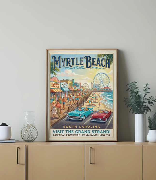 Myrtle Beach South Carolina vintage travel poster with Ferris wheel and beach scene.