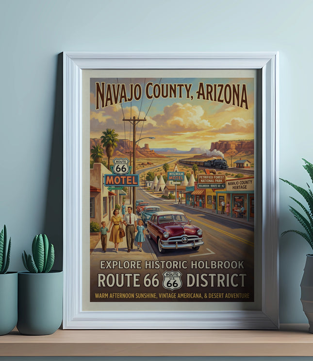 Navajo County, Arizona Route 66 motel, diner, and vintage cars scene.