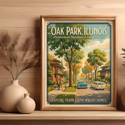 Oak Park, Illinois poster featuring Frank Lloyd Wright homes and "Explore Frank Lloyd Wright Homes" text.
