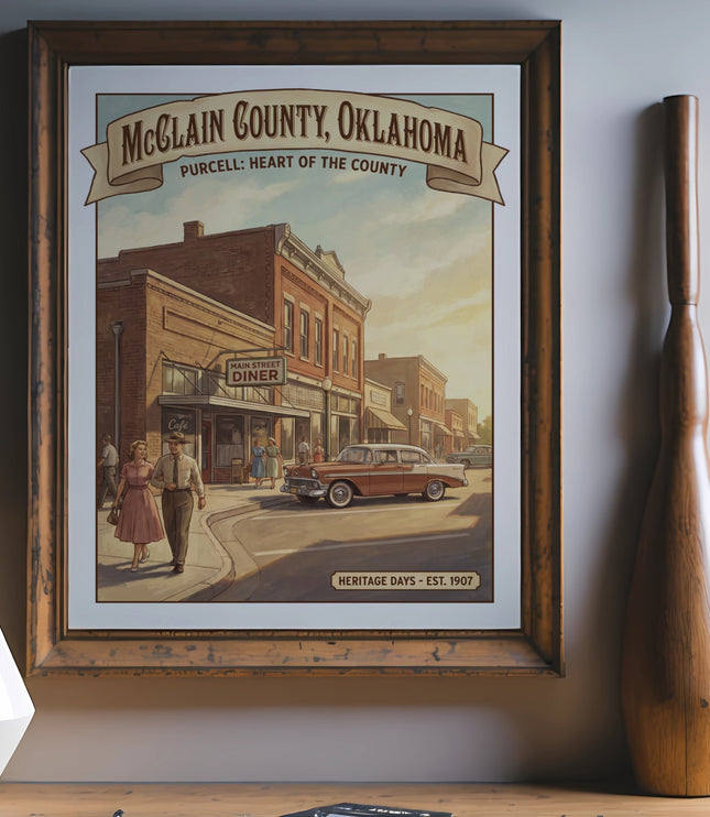 Vintage poster of McClain County, Oklahoma with Main Street Diner and classic car.