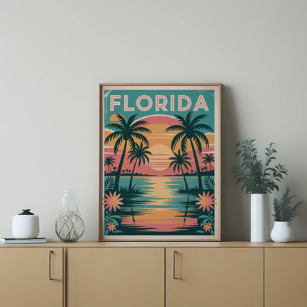 Framed "Florida" beach sunset art with palm trees and colorful water reflections.
