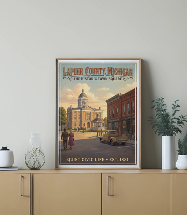 Vintage poster of Lapeer County, Michigan historic town square with buildings, truck, and couple.
