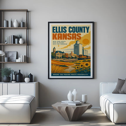 Ellis County Kansas vintage travel poster with buildings and sunflowers.