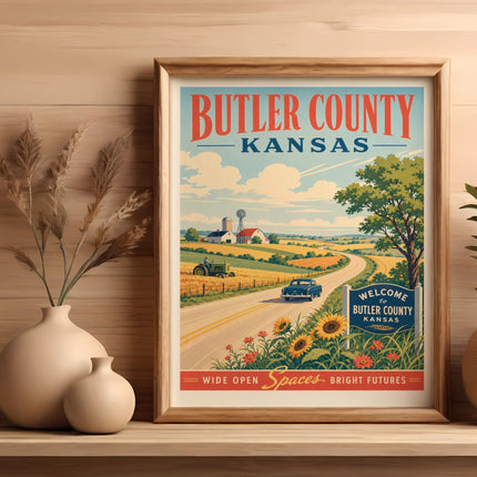 Retro poster for Butler County, Kansas, with fields, a car, and sunflowers.
