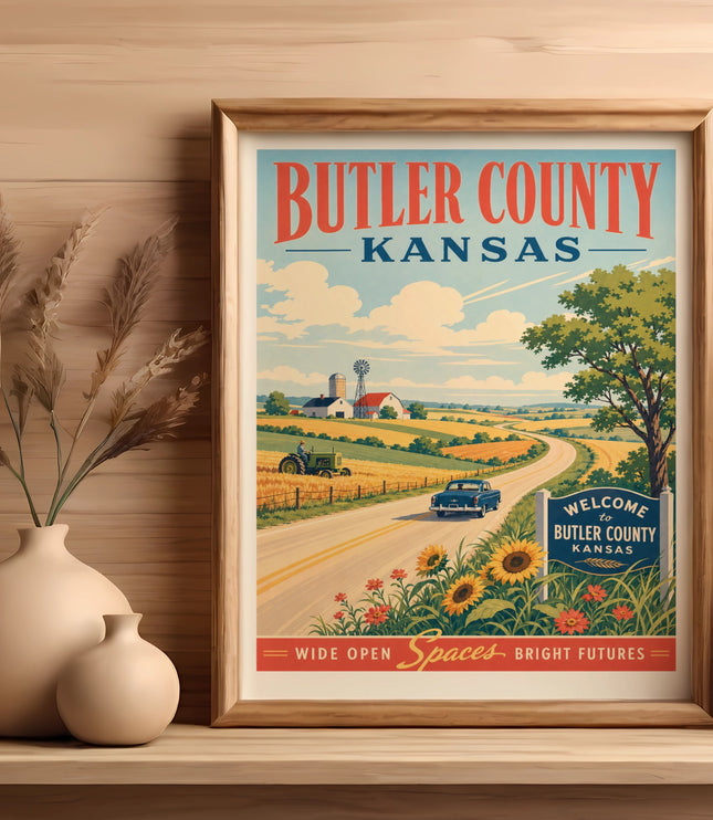 Retro poster for Butler County, Kansas, with fields, a car, and sunflowers.