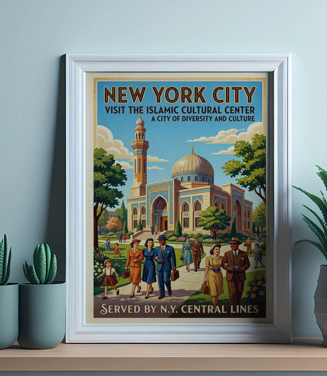 New York City poster advertising Islamic Cultural Center, served by N.Y. Central Lines.
