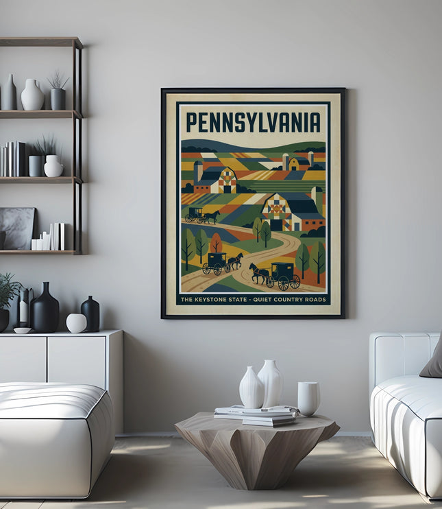 Pennsylvania travel poster with horse-drawn carriages and rolling hills.