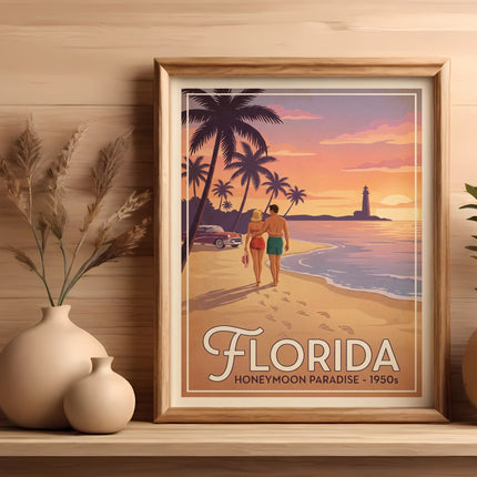 Vintage "Florida Honeymoon Paradise" travel poster with couple on beach.