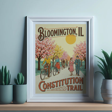 Poster of Bloomington, IL Constitution Trail with cyclists and trees.