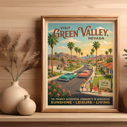 Vintage poster for Green Valley, Nevada, featuring a family and cars on a suburban street.