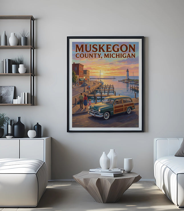 Framed Muskegon County, Michigan poster with vintage car and lighthouse.