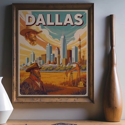 Vintage Dallas skyline poster with cowboy and oil derrick.