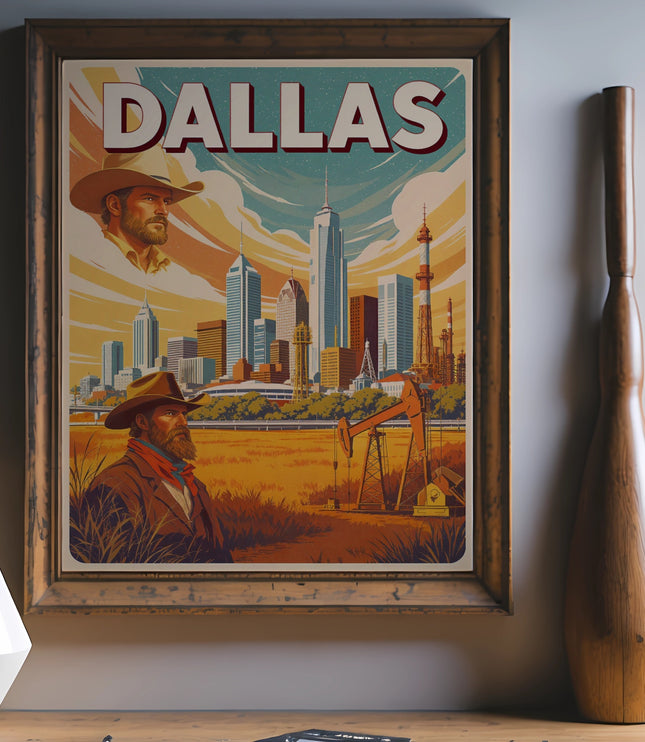 Vintage Dallas skyline poster with cowboy and oil derrick.
