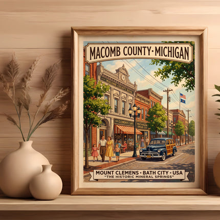 Vintage art print of Macomb County, Michigan with a street scene.