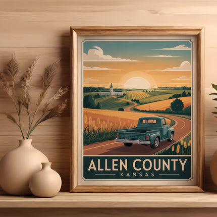Vintage Ford truck on Kansas landscape under a sunset, framed art print.