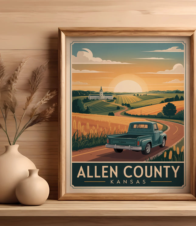 Vintage Ford truck on Kansas landscape under a sunset, framed art print.