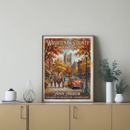 Vintage poster of Ann Arbor, Michigan, featuring a street scene with autumn foliage and text.