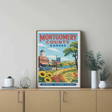 Montgomery County, Kansas travel poster with historical downtown and sunflowers.