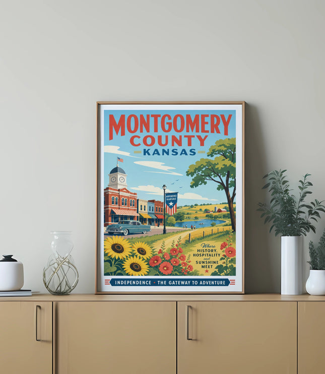 Montgomery County, Kansas travel poster with historical downtown and sunflowers.