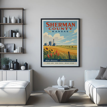 Sherman County Kansas poster with sunflowers, farmland, and text "ENDLESS OPPORTUNITY".