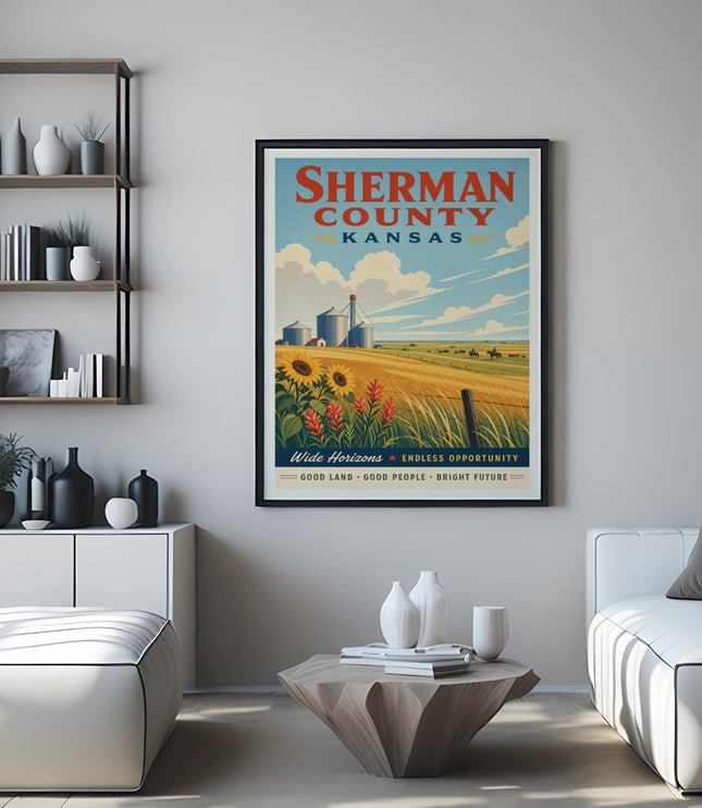 Sherman County Kansas poster with sunflowers, farmland, and text "ENDLESS OPPORTUNITY".
