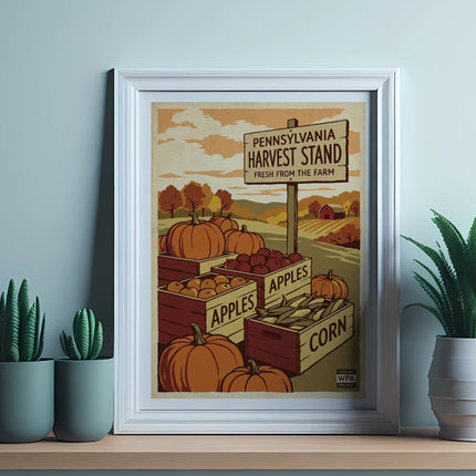 Framed Pennsylvania Harvest Stand sign with apples and corn boxes, autumn scenery.